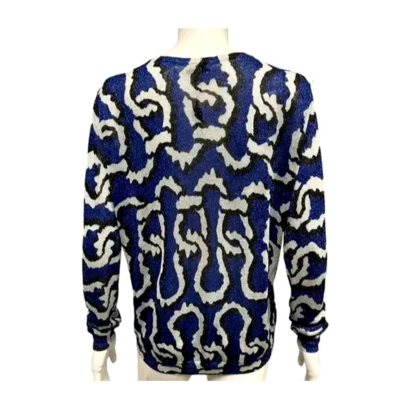 KENZO Blue Multi Lurex Abstract Long Sleeve V Neck Sweater Top Curved Print S - Picture 2 of 3
